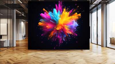 multicolored explosion of rainbow holi powdered paint over black background. Happy Holi card design for color festival of India celebration greetings Wall mural