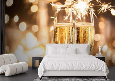 two champagne glasses with sparklers lit celebrating new year on golden bokeh background Wall mural