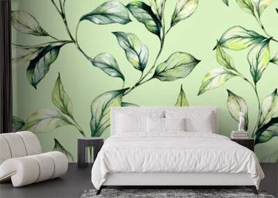 Hand drawn background with green watercolour leaves and grass. Seamless floral watercolor painted pattern Wall mural