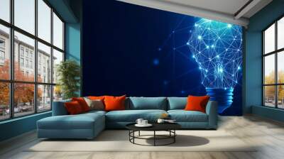 Minimalistic abstract image of a blue light bulb created from a network of glowing blue nodes and lines, conveying advanced ideas, technology, and connectivity. Wall mural