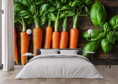 Row of fresh carrots on rustic wooden background. Wall mural