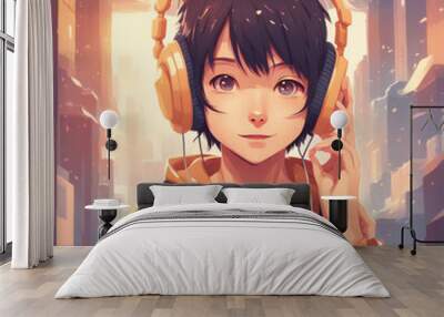 vector Illustration A cute KAWAII 2 KITTEN wearing headphones Wall mural