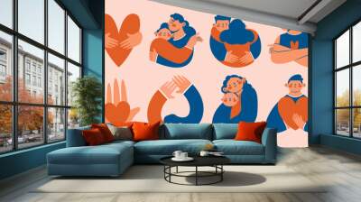 Abstract cute illustrations with friends, mother and child, lovers, persons are standing, hugging, posing together. Hand drawn cartoon characters. Togetherness, friendship, motherhood concept.  Wall mural