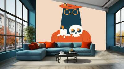 Cute Halloween vector illustration with black cat in witch hat sitting on pumpkin with skull and candle. Happy Halloween concept. Funny, quirky clipart with character for sticker, invitation, banner. Wall mural