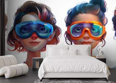 A 3D animated cartoon render of smiling boys and girls wearing goggles. Wall mural