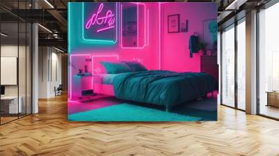 a bedroom with neon lights and a bed Wall mural