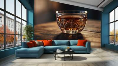 A transparent tea cup on a wooden table Wall mural