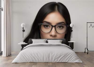 An attractive woman with black hair wearing glasses isolated on a white background Wall mural