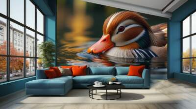 Close-up of mandarin duck swimming in a lake Wall mural