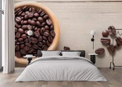 Flat-lay Coffee bean roasted over a wooden table with a copy space Wall mural