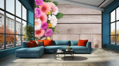 Flowers over a wooden background with a copy space Wall mural