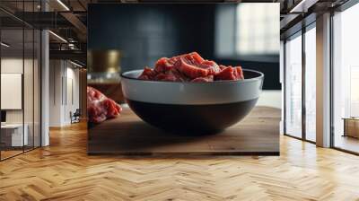 Fresh raw beef meat in a bowl with a kitchen background Wall mural