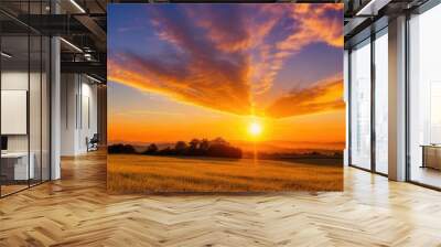 Golden hour sunset over a field Wall mural