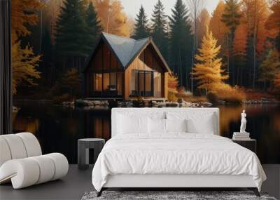 Modern Cabin near the lake and autumn forest with water reflection Wall mural