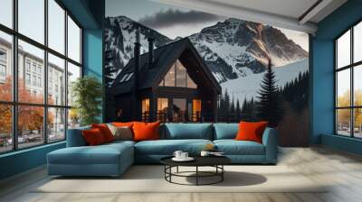 Modern cabin with a snow mountain view Wall mural