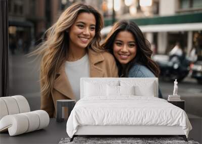 two young women smiling at the street Wall mural