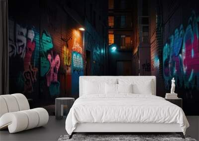 urban alley at nighttime with colorful graffiti on the wall Wall mural