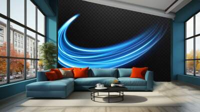 Abstract blue wavy line of light with a transparent background, isolated and easy to edit. Vector Illustration Wall mural