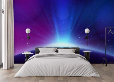 Blue Light Rising from Planet Horizon, Glowing Shine Background. Widescreen Vector Illustration Wall mural