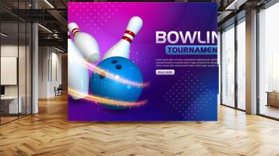 Bowling Tournament Template, Realistic Bowling Strike. Widescreen Vector Illustration Wall mural