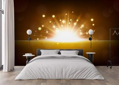 Bright yellow light rising from the black horizon Wall mural