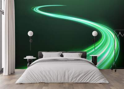 Green Light Trails, Long Time Exposure Motion Blur Effect. Vector Illustration Wall mural