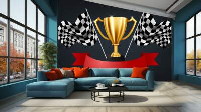 Realistic Golden Trophy with Checkered flag racing championship background and red ribbon, Vector Illustration Wall mural