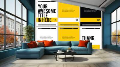 Carousel post template for social media. Good for microblog, continuous slide contents Etc. Six page in portrait frame, modern simple minimalist style with white, yellow and black color theme. Wall mural