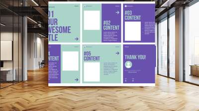 Microblog carousel slides template for instagram. Six page, flat green mint and purple colors theme.	 Wall mural