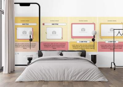 Microblog or carousel post template design for social media. Six page in portrait frame, seamless, retro 90's aesthetic style with yellow and pink colors theme. Wall mural