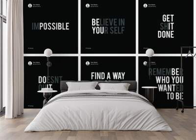 Six motivational quotes template set with faded teks theme and black background. Wall mural