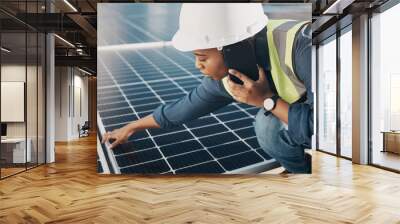 Phone call, solar panel and black woman maintenance conversation about photovoltaic plate, sustainability or inspection. Renewable energy, smartphone chat and female engineer check electricity cell Wall mural