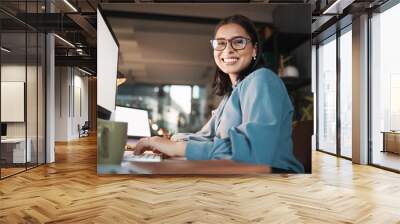 Space, computer and portrait of woman in office at night, working and research idea with mockup screen. Mock up, happy and businesswoman search online for creative design, inspiration and ppt review Wall mural