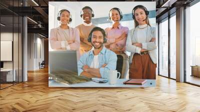 Team, portrait and call center consultant group with arms crossed, contact us with headphones and help desk. Professional people smile, diversity and customer service with support, trust and advice Wall mural