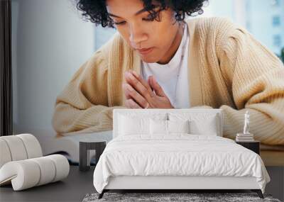 Woman, bible and prayer at desk, religion and Christian worship in home at table. Person, holy book and meditation for God, Jesus Christ and studying for faith in spiritual gospel, praise or reading Wall mural