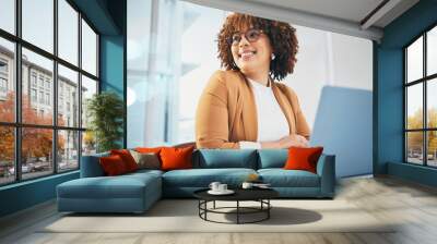 African woman at office, glasses on face with laptop and thinking of future of corporate in South Africa. Happy black business person with spectacles at work, confident in career and professional job Wall mural