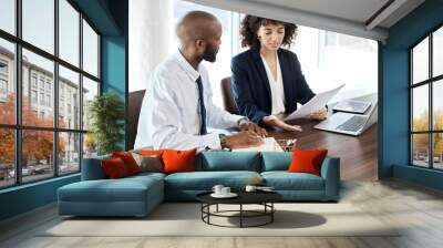 Meeting, business and black people with documents for accounting budget, planning or company portfolio review. Teamwork, financial advisor and analysis of ideas, investment report or legal consulting Wall mural