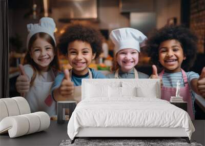 Group of diverse kids in kitchen. Positive happy baking and cooking education Wall mural