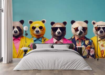 Pandas wearing human clothes. Abstract art background copyspace concept. Wall mural