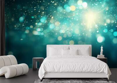 Teal glitter glow particle bokeh background. Festive celebration wallpaper concept Wall mural