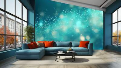 Teal glitter glow particle bokeh background. Festive celebration wallpaper concept Wall mural