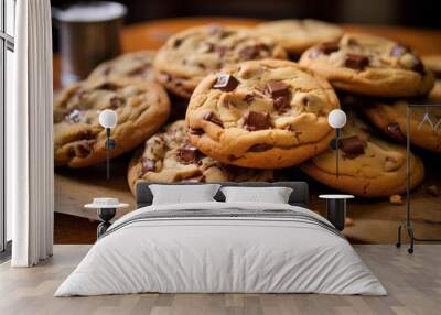 Chocolate chip cookies on a plate. Fresh homemade sweet snack. Wall mural