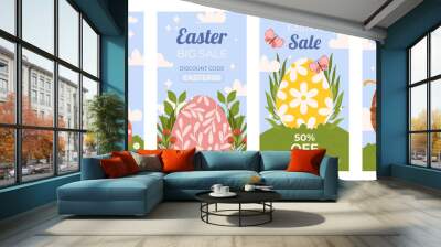 Easter promotion collection of vertical social media template. Design on sky blue background with painted eggs, floral elements, basket full of eggs. Hand drawn Spring sale set Wall mural