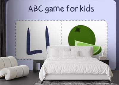 Kid alphabet mini games in cartoon style with letter L - lime . Vector illustration for game design - cut and play. Learn abc with fruit and vegetable flash cards. Wall mural