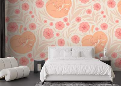 Seamless pattern with two cute cats, leaves and flowers in trendy peach color palette Wall mural