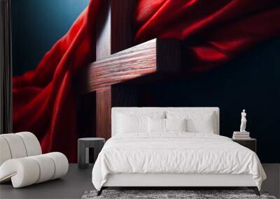 Wooden Cross of Jesus covered with red shawl. Lent season and Religion concept Wall mural