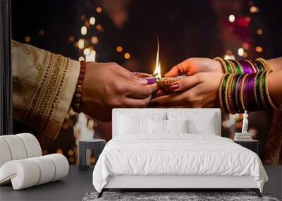 Lighting the Diwali Diya. Diwali Celebration concept Wall mural