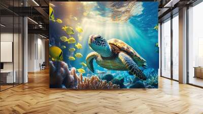 Close up Turtle Swimming Under a Sea Full of Corals and Fishes - Generative AI
 Wall mural