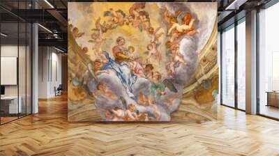 GENOVA, ITALY - MARCH 7, 2023: The fresco of Madonna among the angels in the main apse of church Chiesa di San Luca by Domenico Piola (1627 – 1703). Wall mural