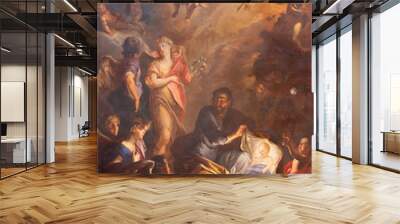 PRAGUE, CZECH REPUBLIC - OCTOBER 18, 2018: The baroque painting of St. Joseph and little Jesus in church kostel Svaté Voršily by Jan Bruno Rossi (1737-1739). Wall mural